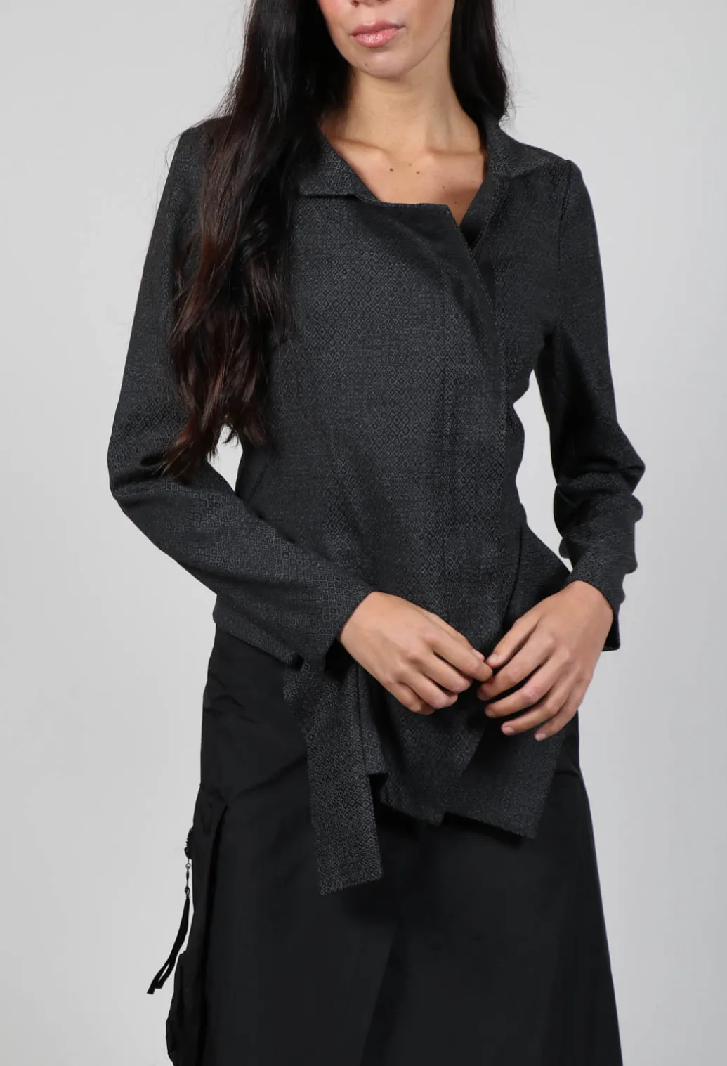 Asymmetric Hem Jacket with Grey Black Print