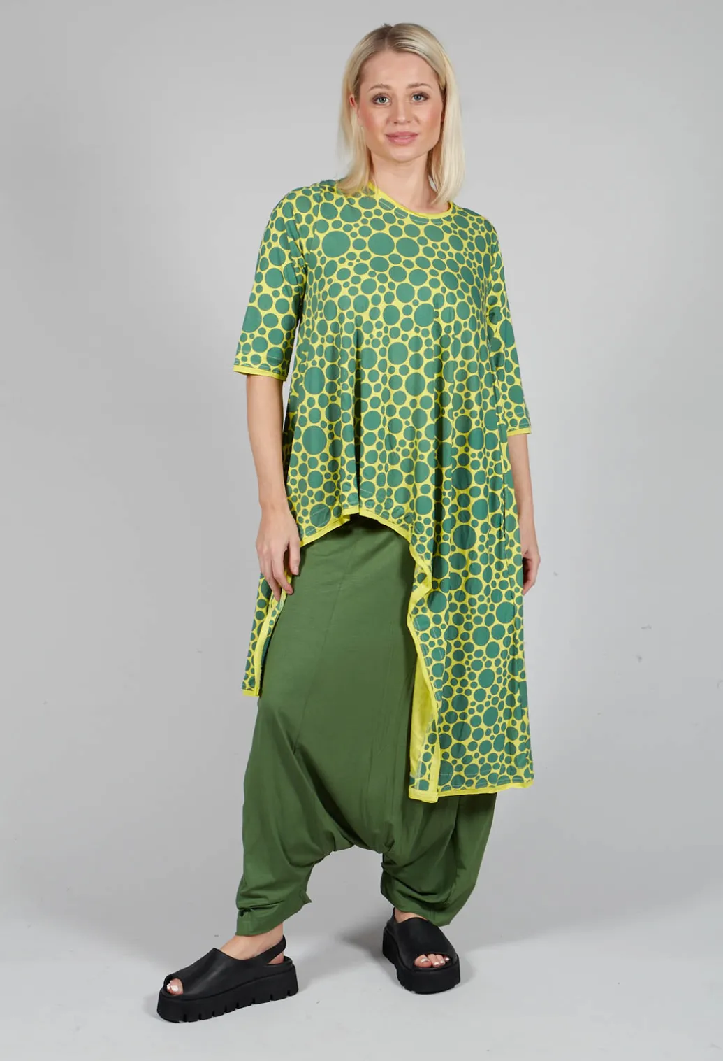Asymmetrical Jersey Tunic Top in Lime with Green Pois