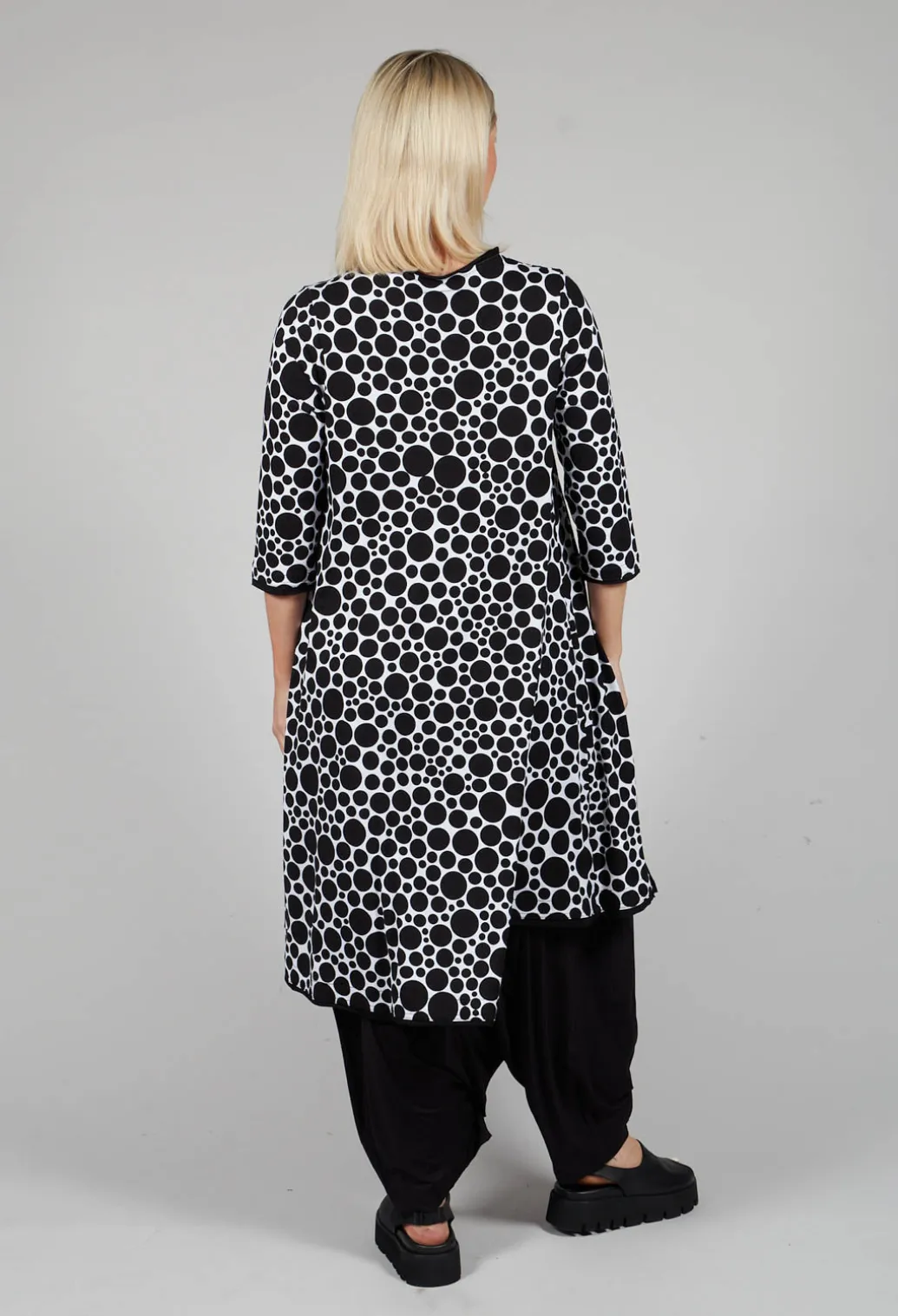 Asymmetrical Jersey Tunic Top in White with Black Pois