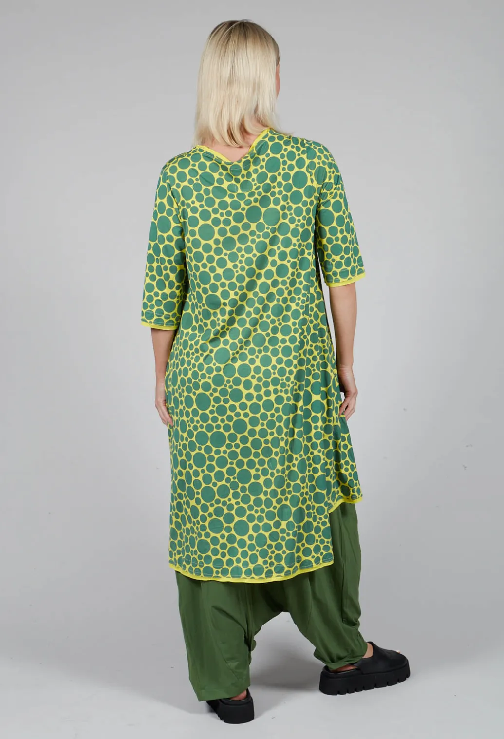 Asymmetrical Jersey Tunic Top in Lime with Green Pois