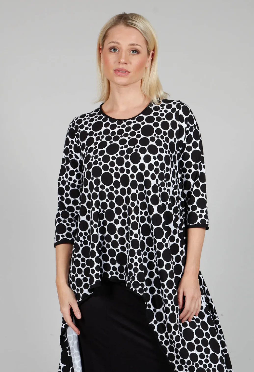 Asymmetrical Jersey Tunic Top in White with Black Pois