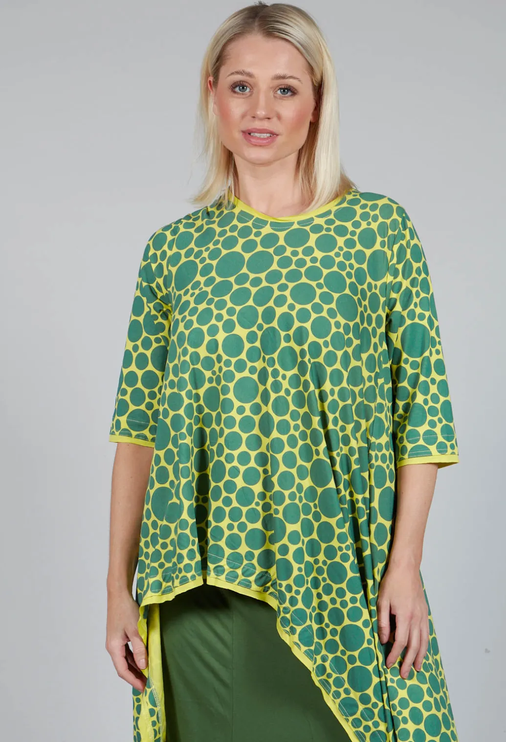 Asymmetrical Jersey Tunic Top in Lime with Green Pois