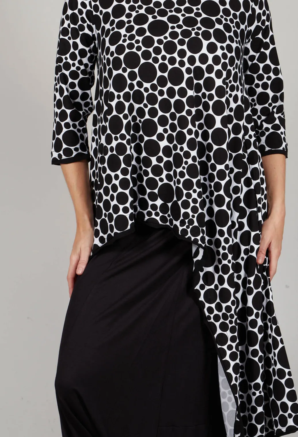 Asymmetrical Jersey Tunic Top in White with Black Pois