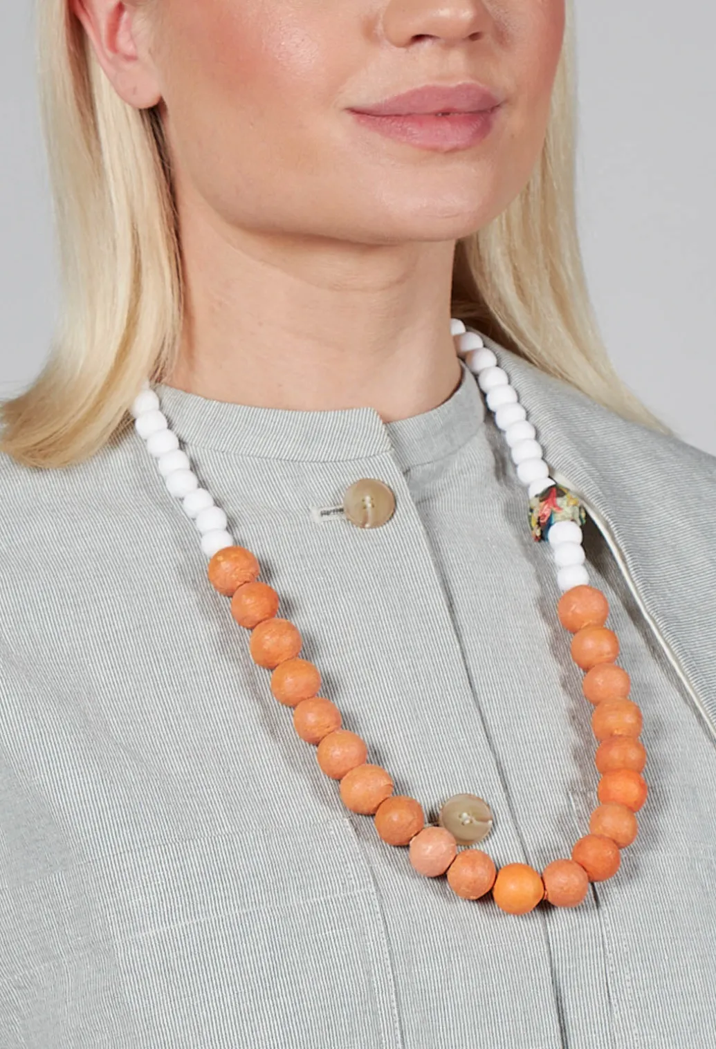 Beaded Necklace with Paper Mache Ball in Orange/White