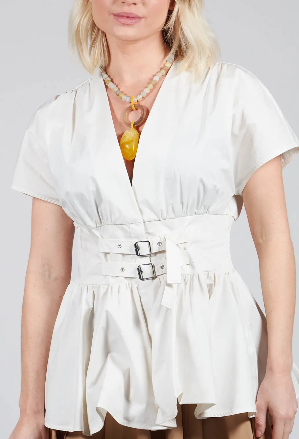 Belt Front Blouse in Cream