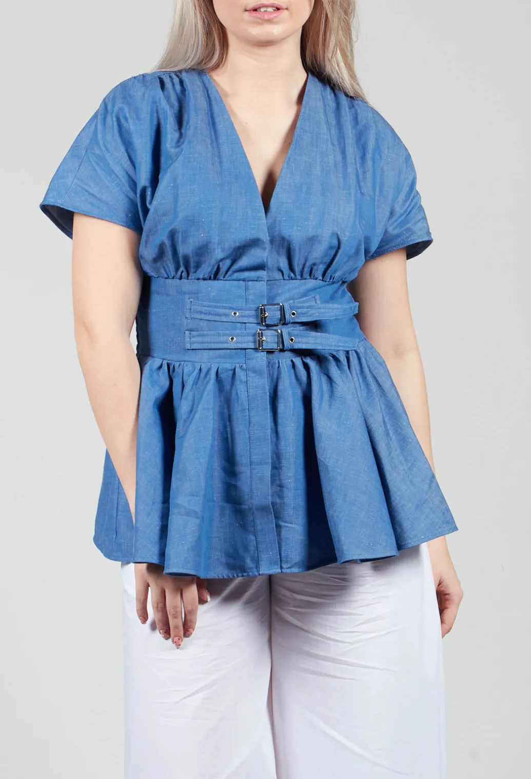 Belt Front Blouse in Light Denim