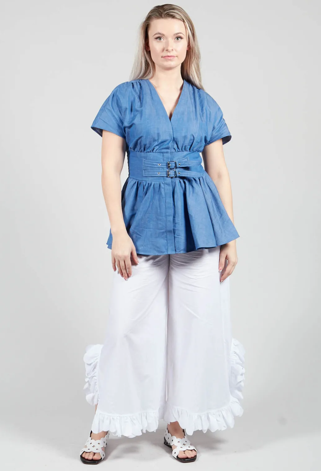 Belt Front Blouse in Light Denim