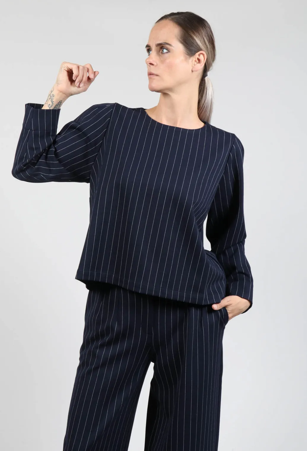 Box Shaped Top in Navy Pinstripe