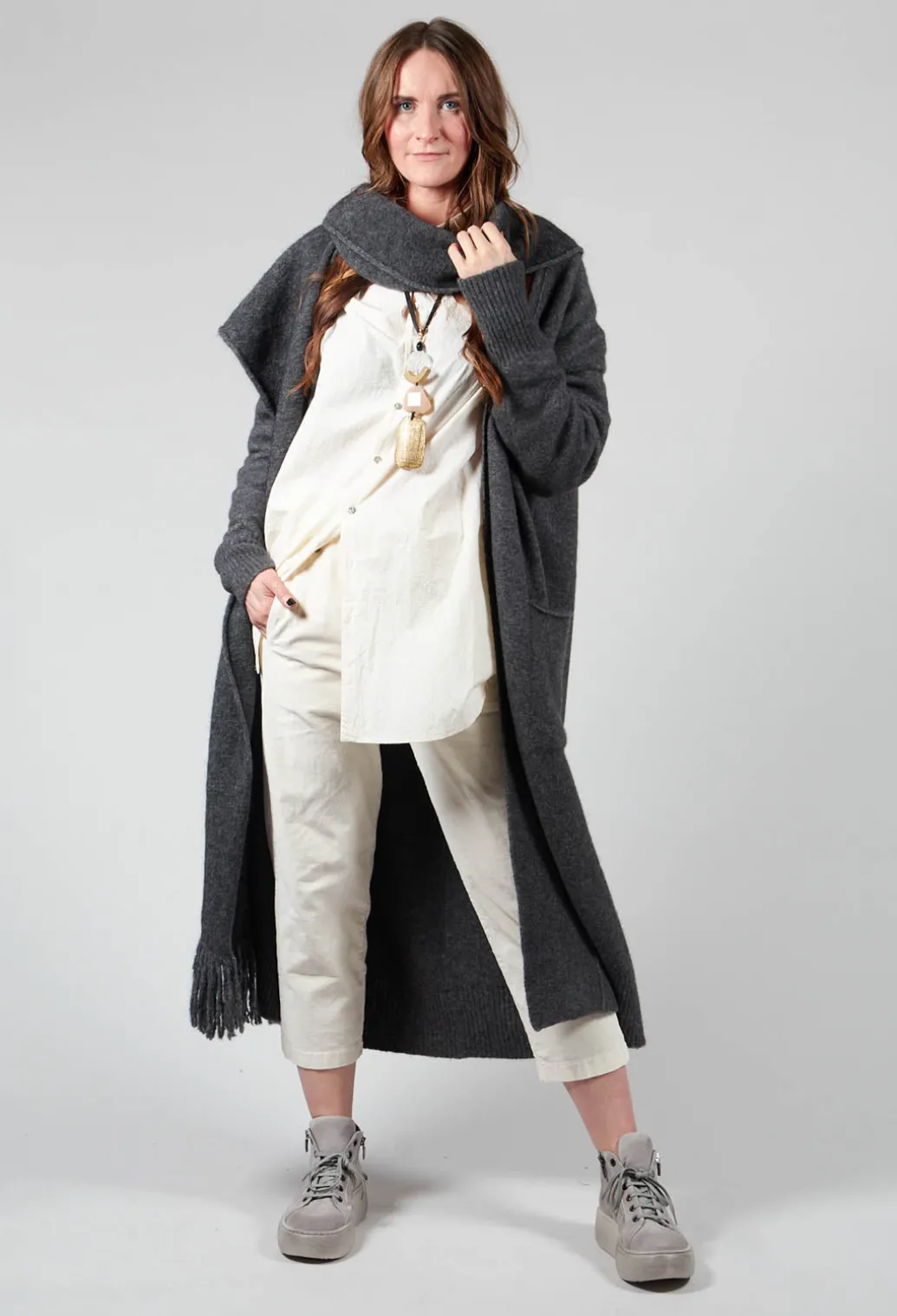 Cashmere Long Length Cardigan in Graphite
