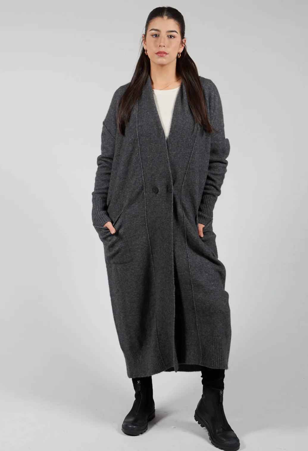 Cashmere Long Length Cardigan in Graphite