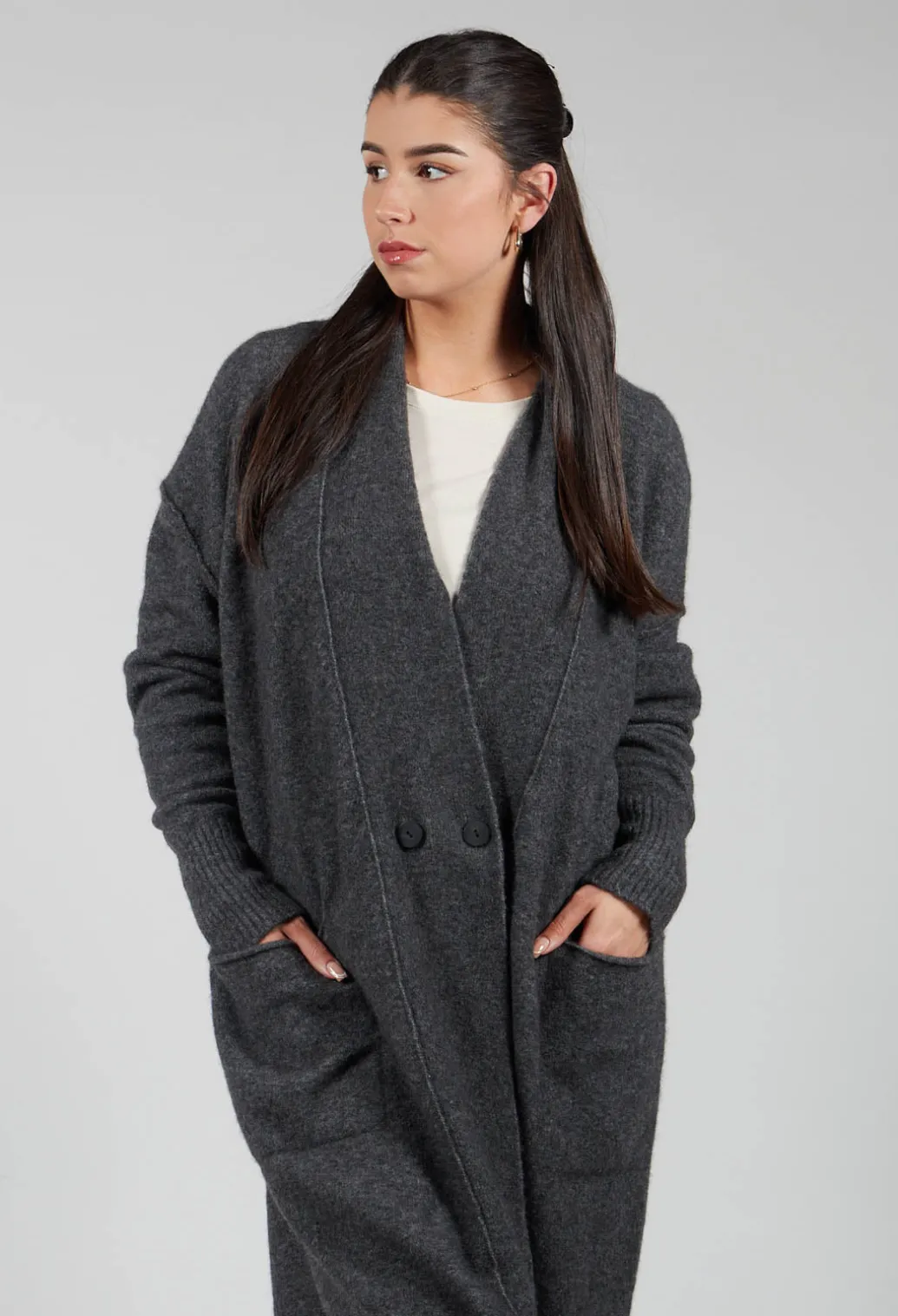 Cashmere Long Length Cardigan in Graphite
