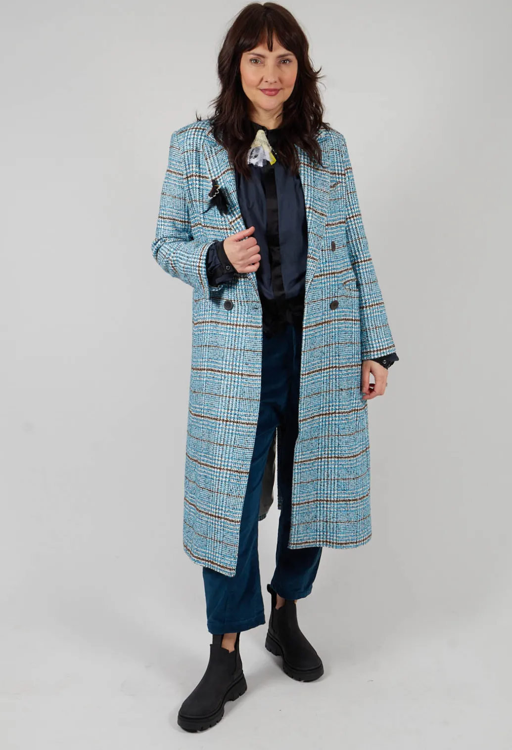 Checked Wool Coat in Light Blue