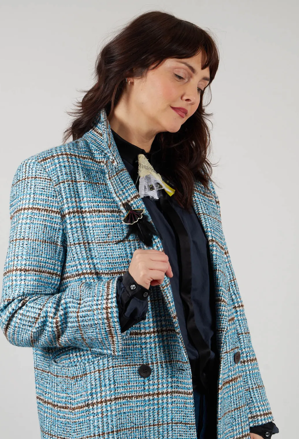 Checked Wool Coat in Light Blue