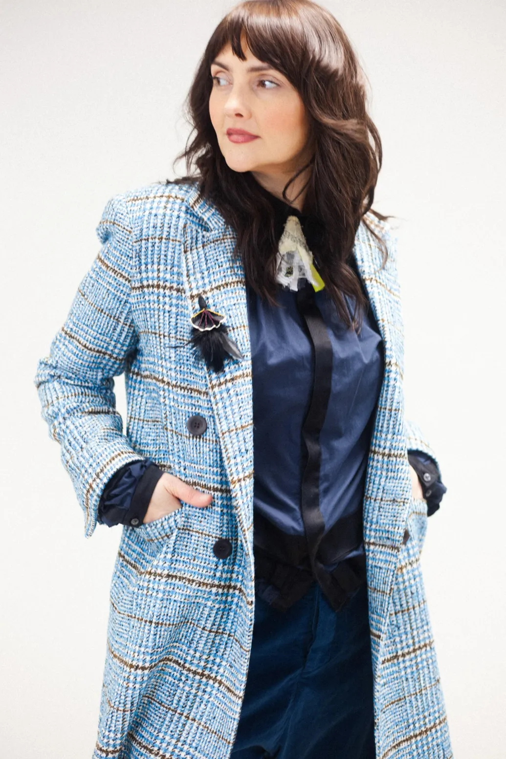 Checked Wool Coat in Light Blue
