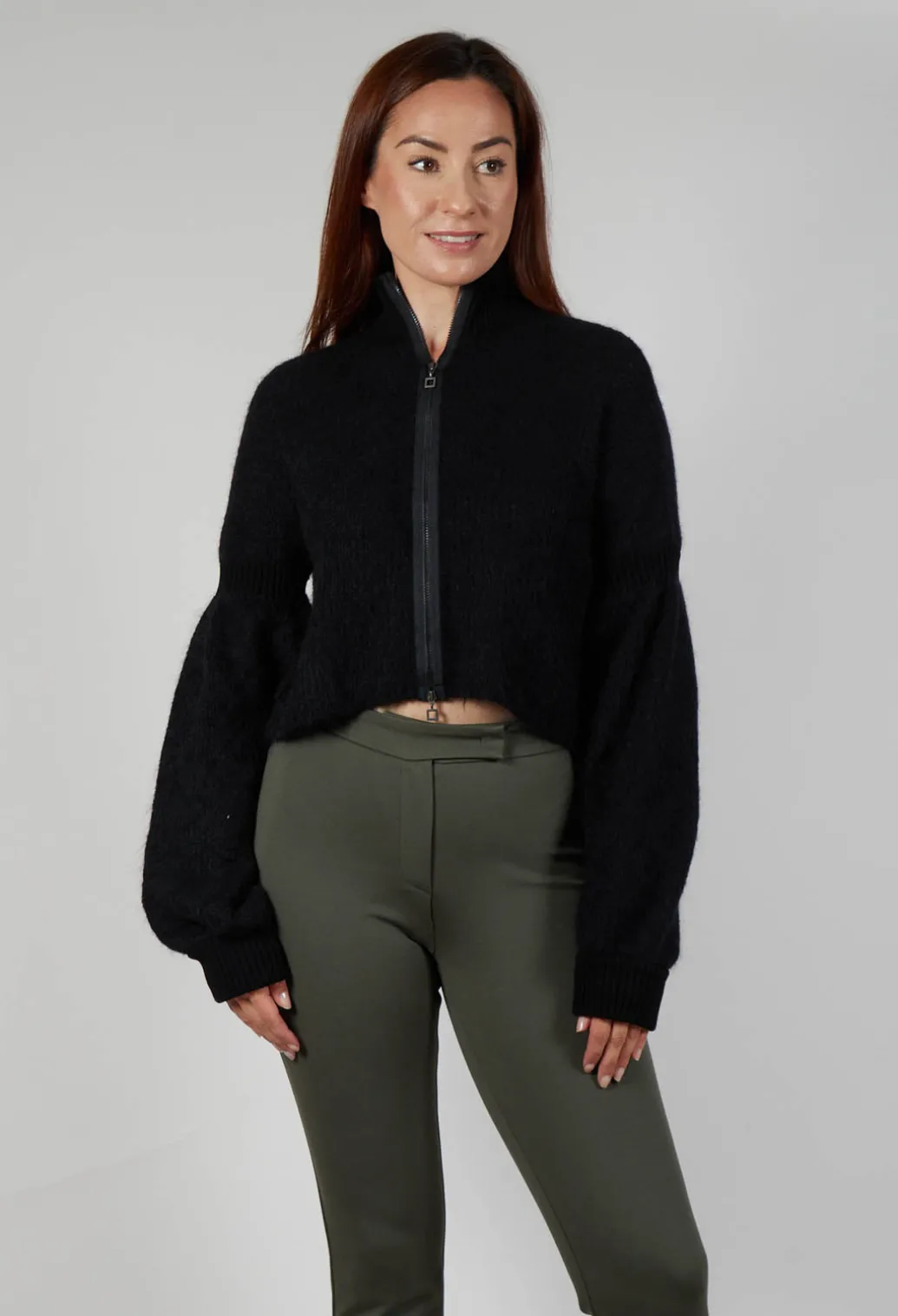 Cropped High Neck Zip Up Cardigan in Black