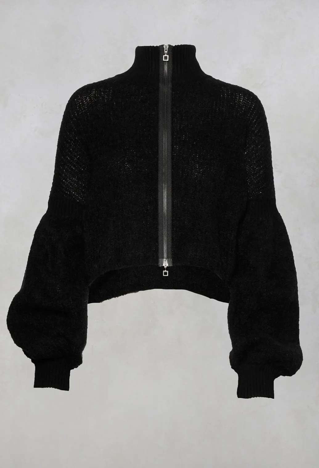 Cropped High Neck Zip Up Cardigan in Black