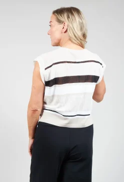 Cropped Knitted Top with Button Detail in Beige Stripe