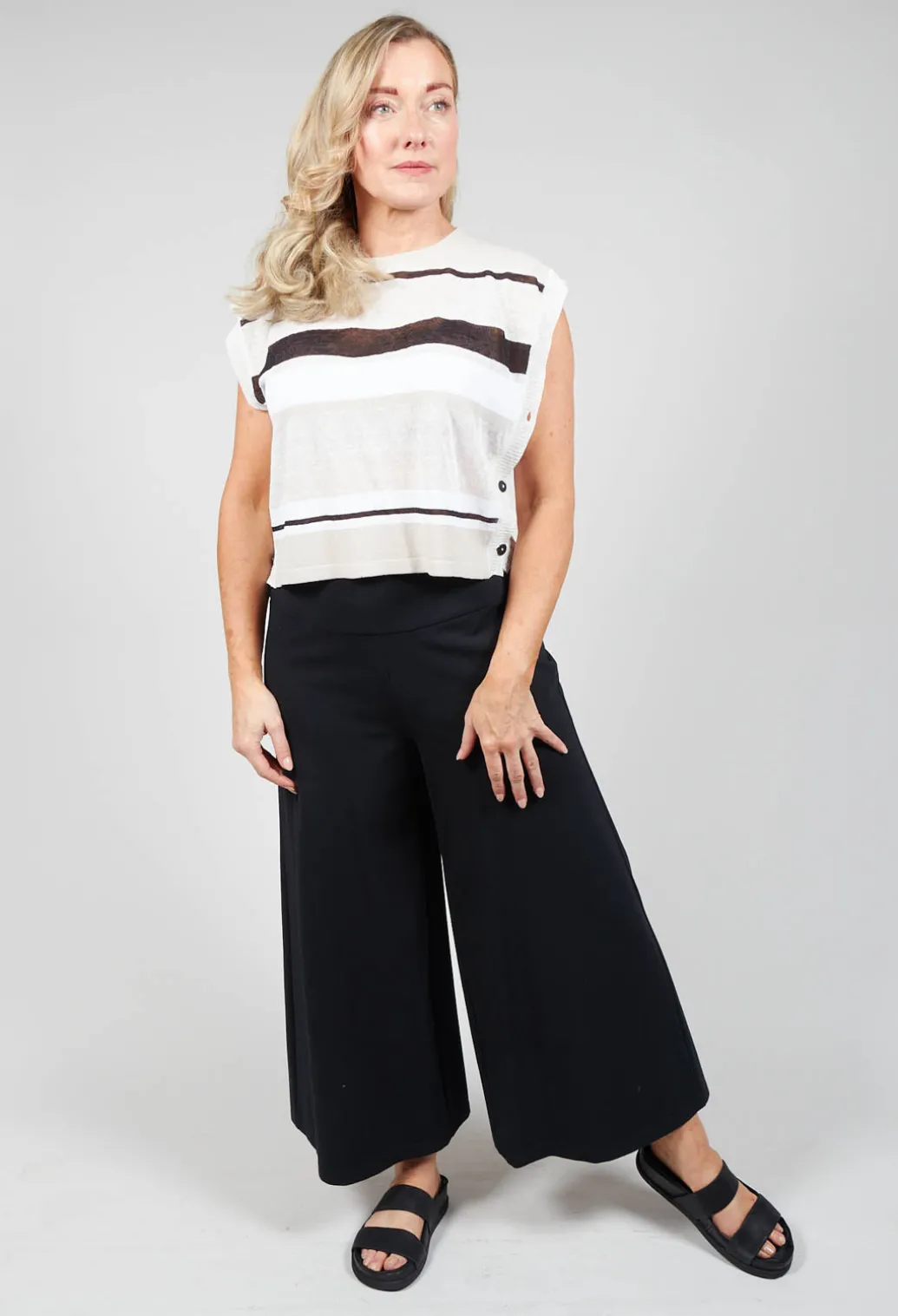 Cropped Knitted Top with Button Detail in Beige Stripe
