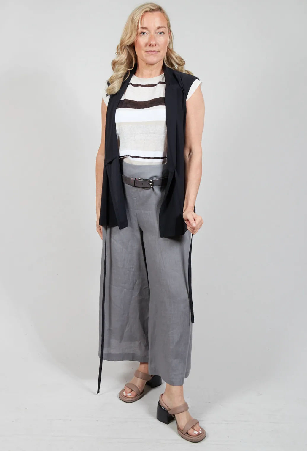Cropped Knitted Top with Button Detail in Beige Stripe