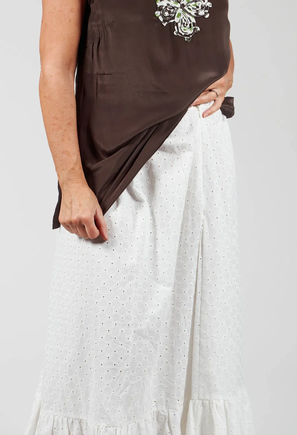 Embroidered Midi Skirt with Peplum in Chalk