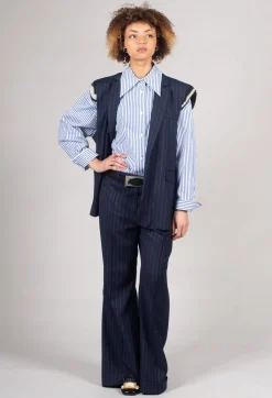 Flared Leg Tailored Trousers in Gessato Blue Nights