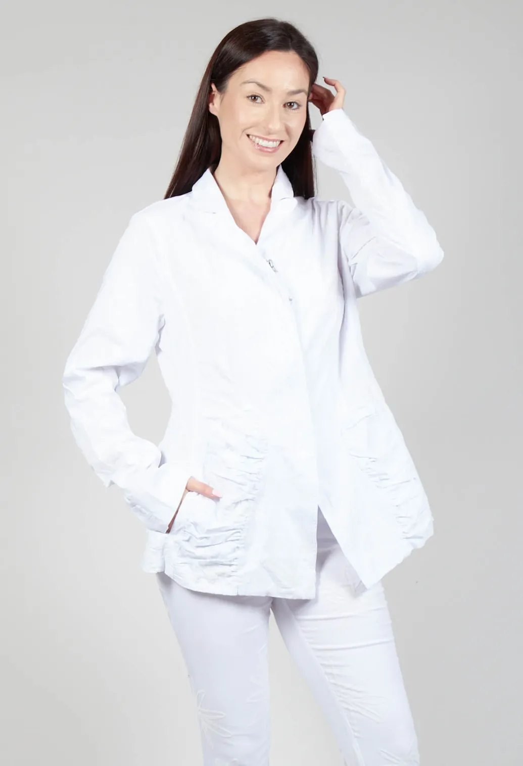 Flower Print Ruched Jacket in White Flock Print