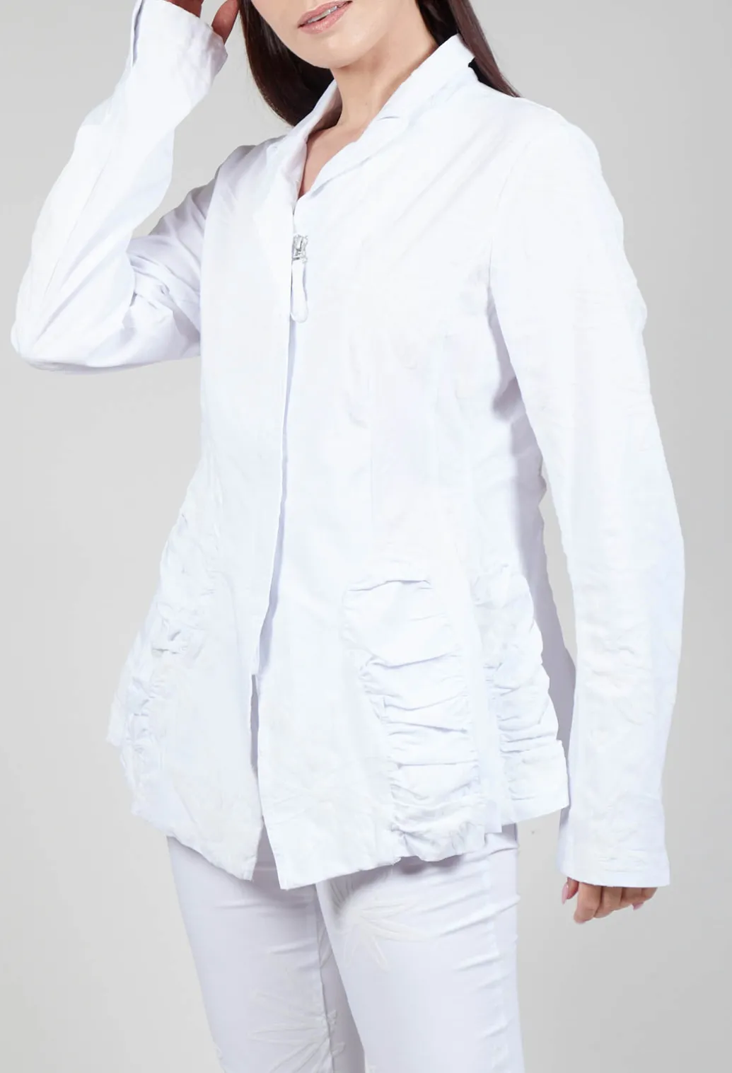 Flower Print Ruched Jacket in White Flock Print