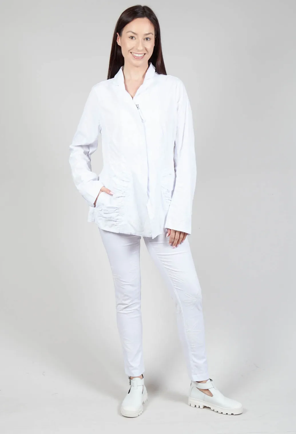 Flower Print Ruched Jacket in White Flock Print