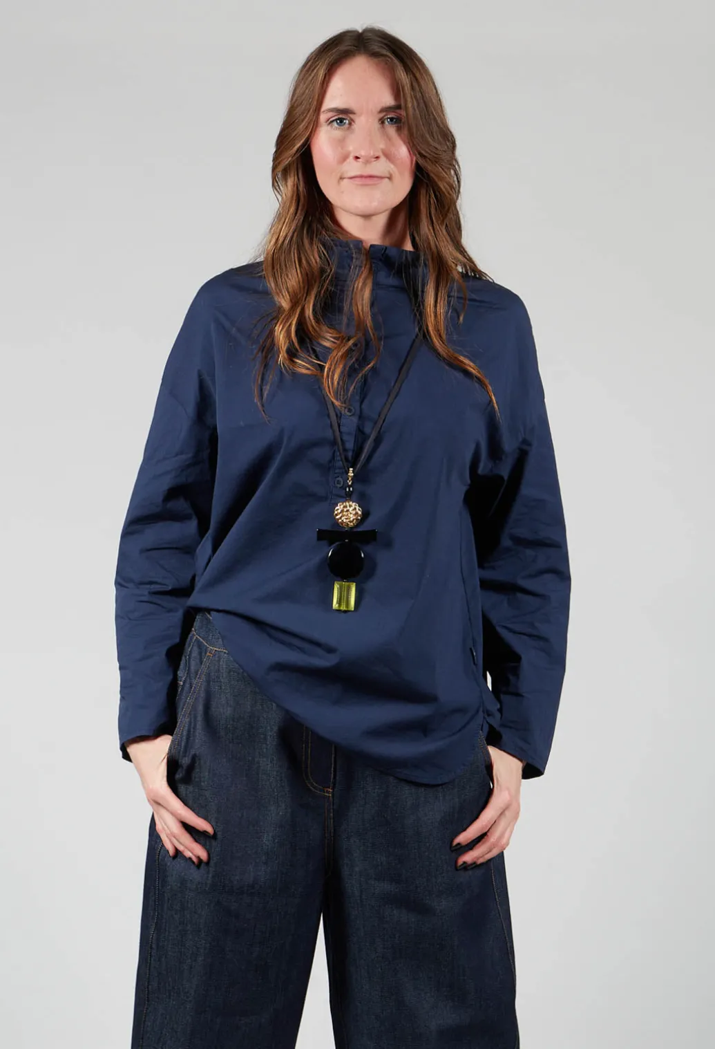 Half Button Through Shirt with Stand Collar in Dark Blue