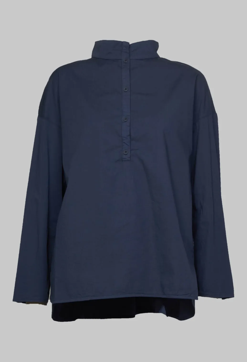 Half Button Through Shirt with Stand Collar in Dark Blue