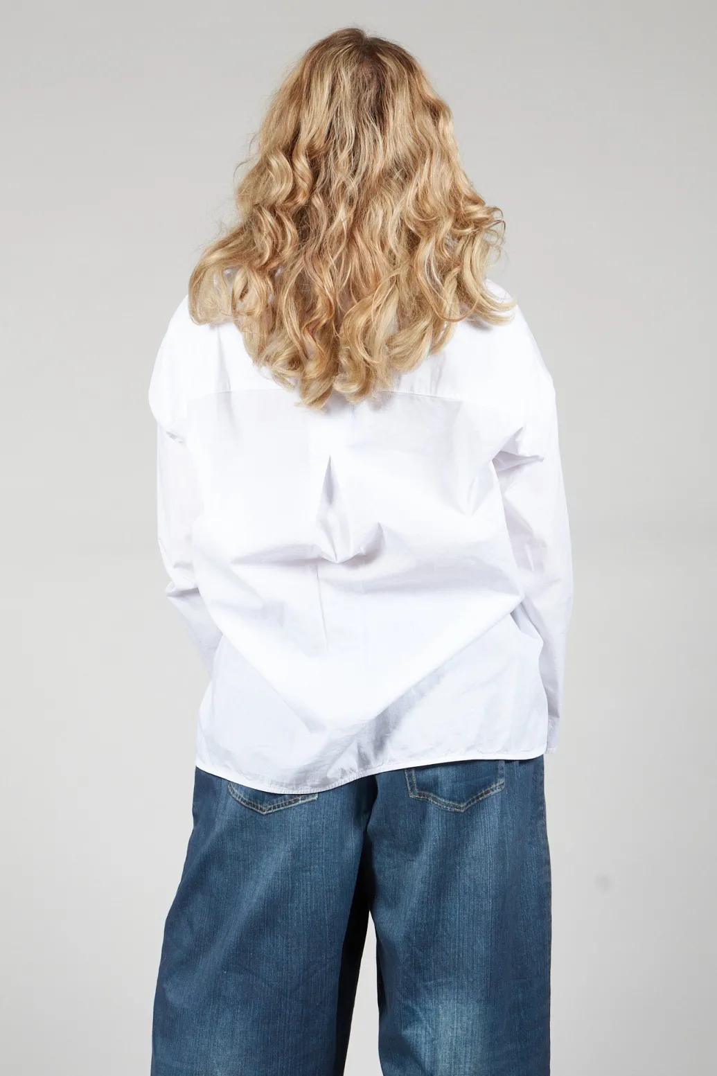 Half Button Through Shirt with Stand Collar in White