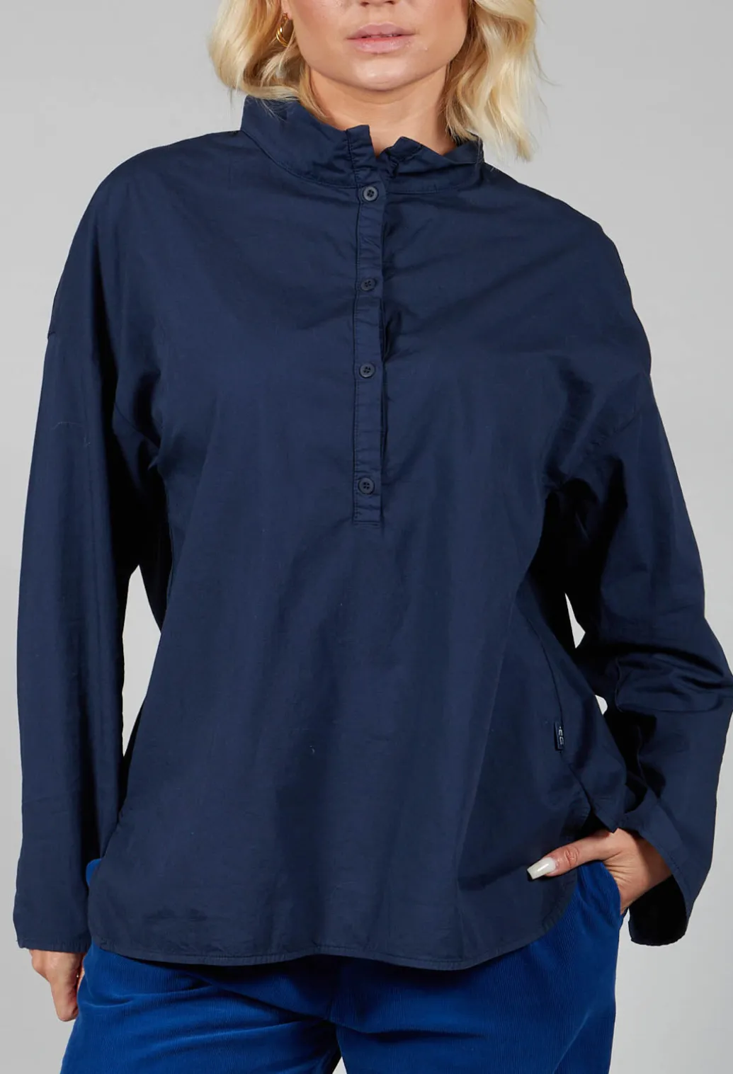 Half Button Through Shirt with Stand Collar in Dark Blue
