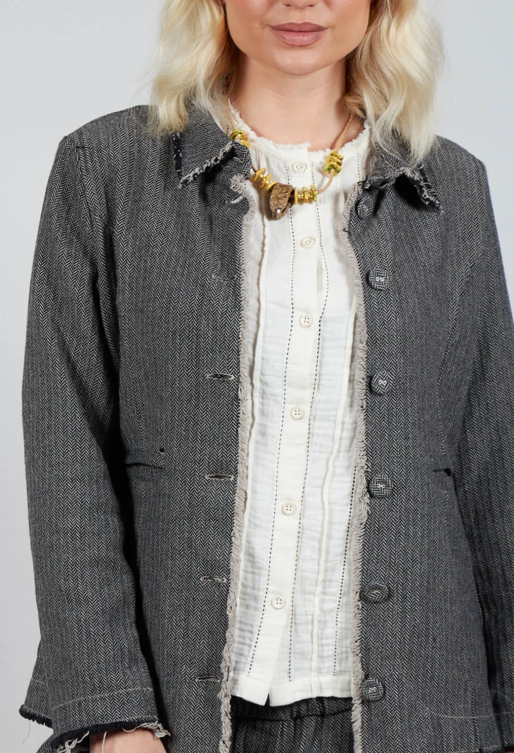 Herringbone Raw Edge Blazer Jacket in Sand