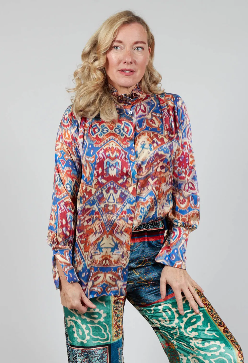High Neck Blouse with Ruffle in Azarro Print