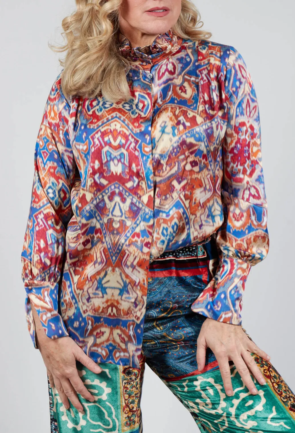 High Neck Blouse with Ruffle in Azarro Print