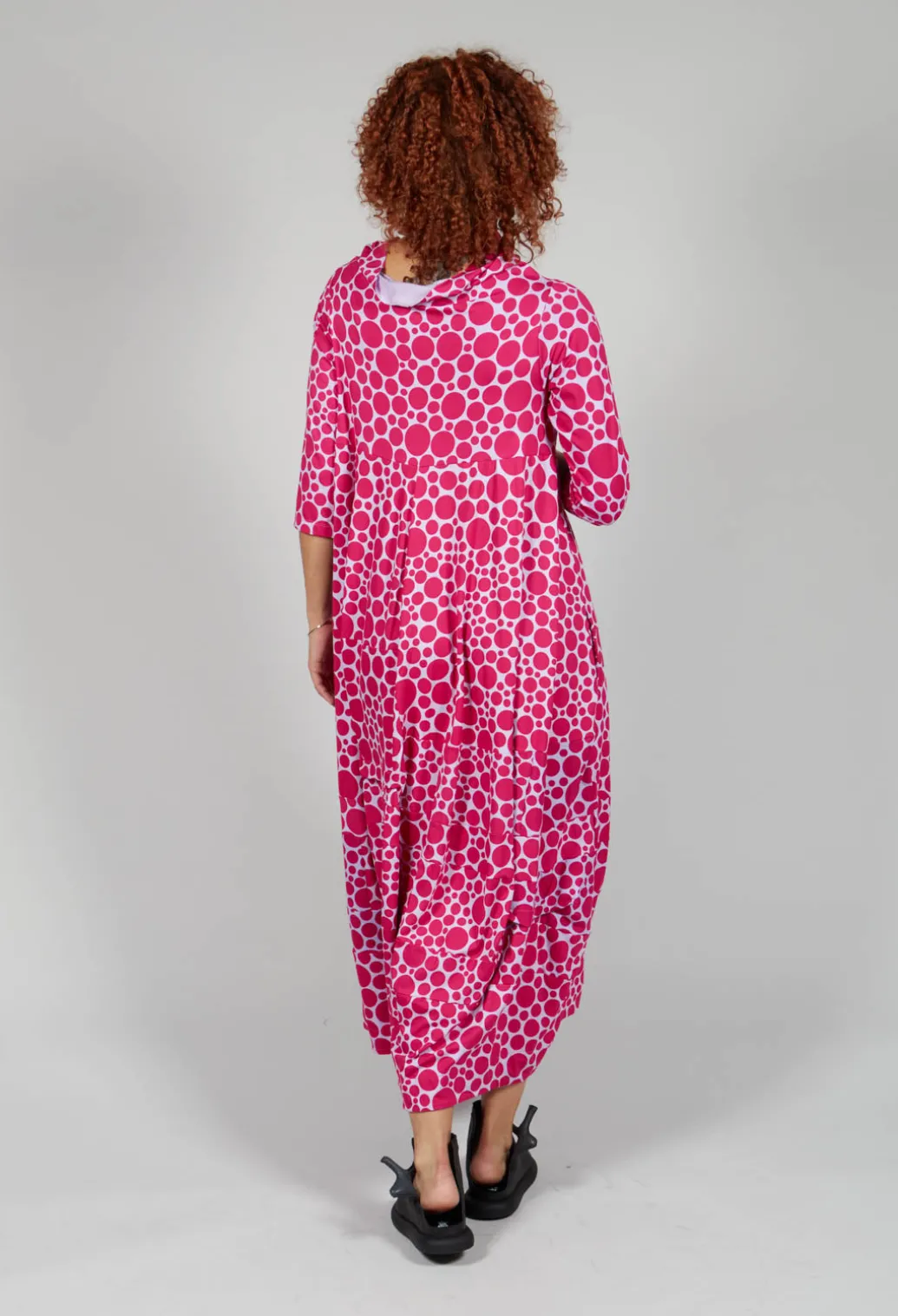 High-Neck Jersey Dress in Lilac with Fuschia Pois