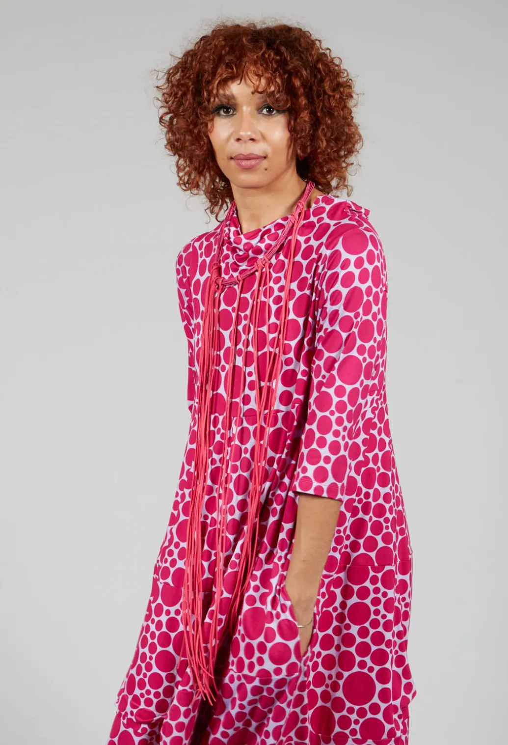 High-Neck Jersey Dress in Lilac with Fuschia Pois