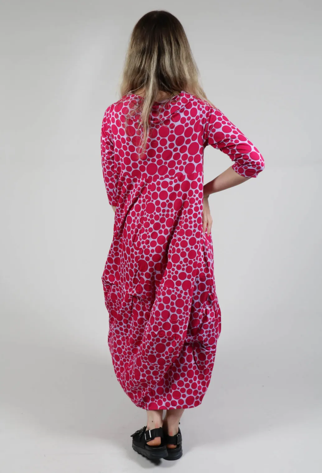 High-Neck Jersey Dress in Lilac with Fuschia Pois