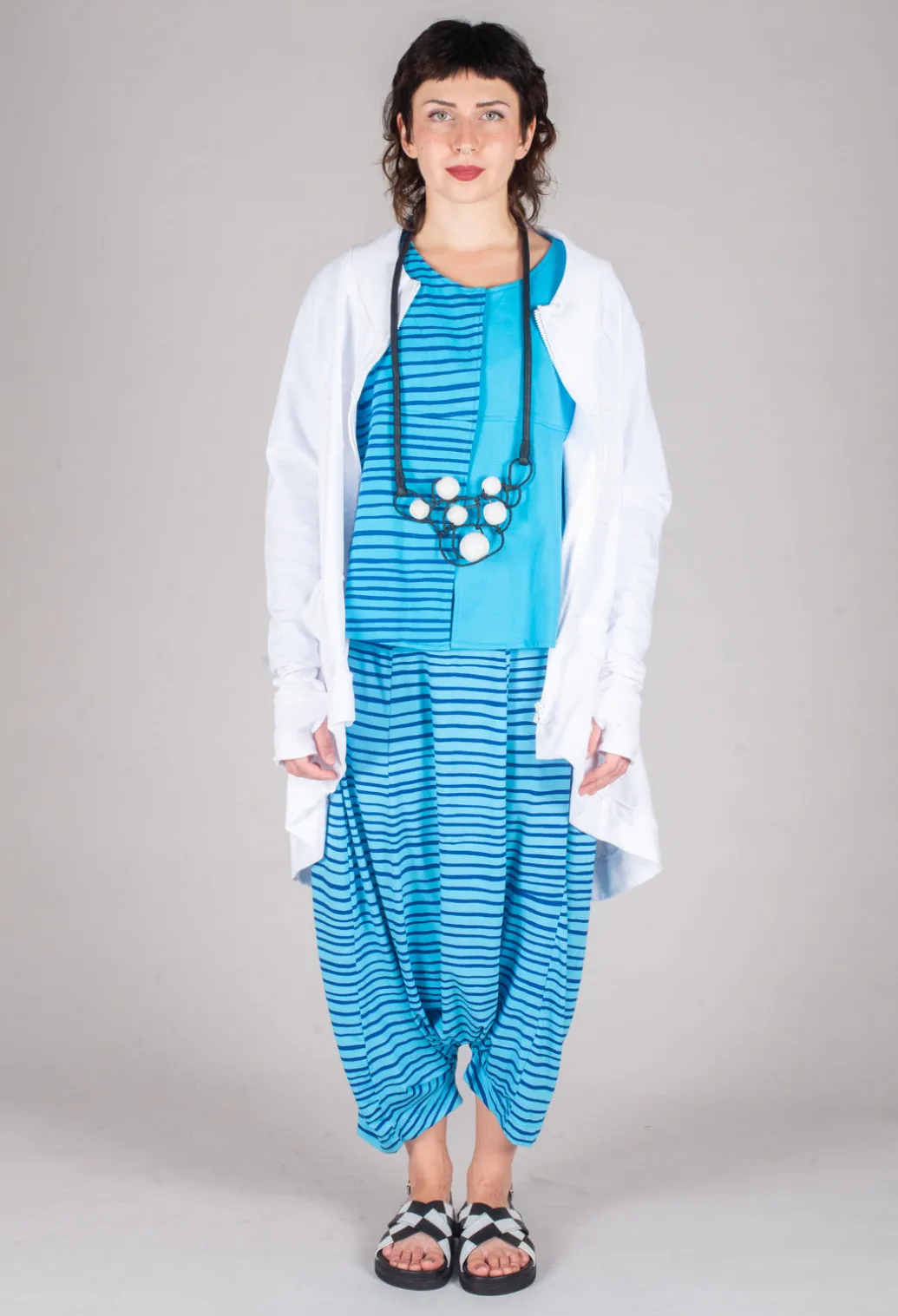 Jersey Drop-Crotch Trousers in Turquoise with Blue Lines