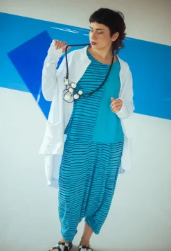 Jersey Drop-Crotch Trousers in Turquoise with Blue Lines