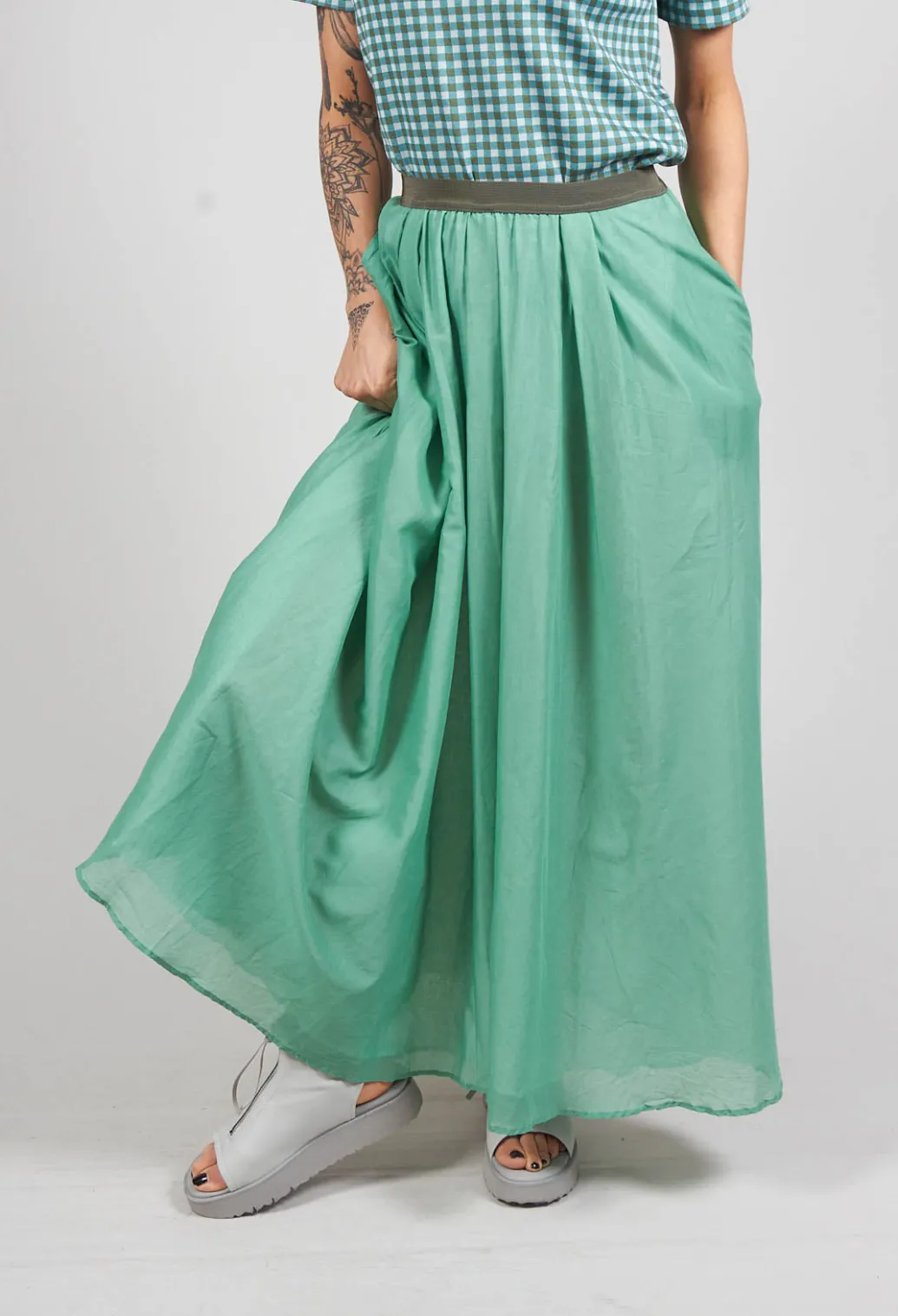 Layered Maxi Skirt with Contrast Waistband in Emerald