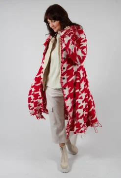 Long Dogstooth Coat in Cardinal Bone Jacquard