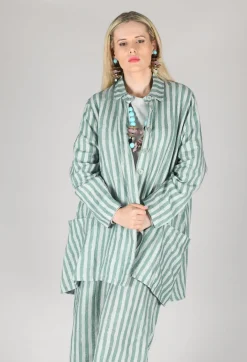 Long Sleeve Linen Stripe Jacket in Teal