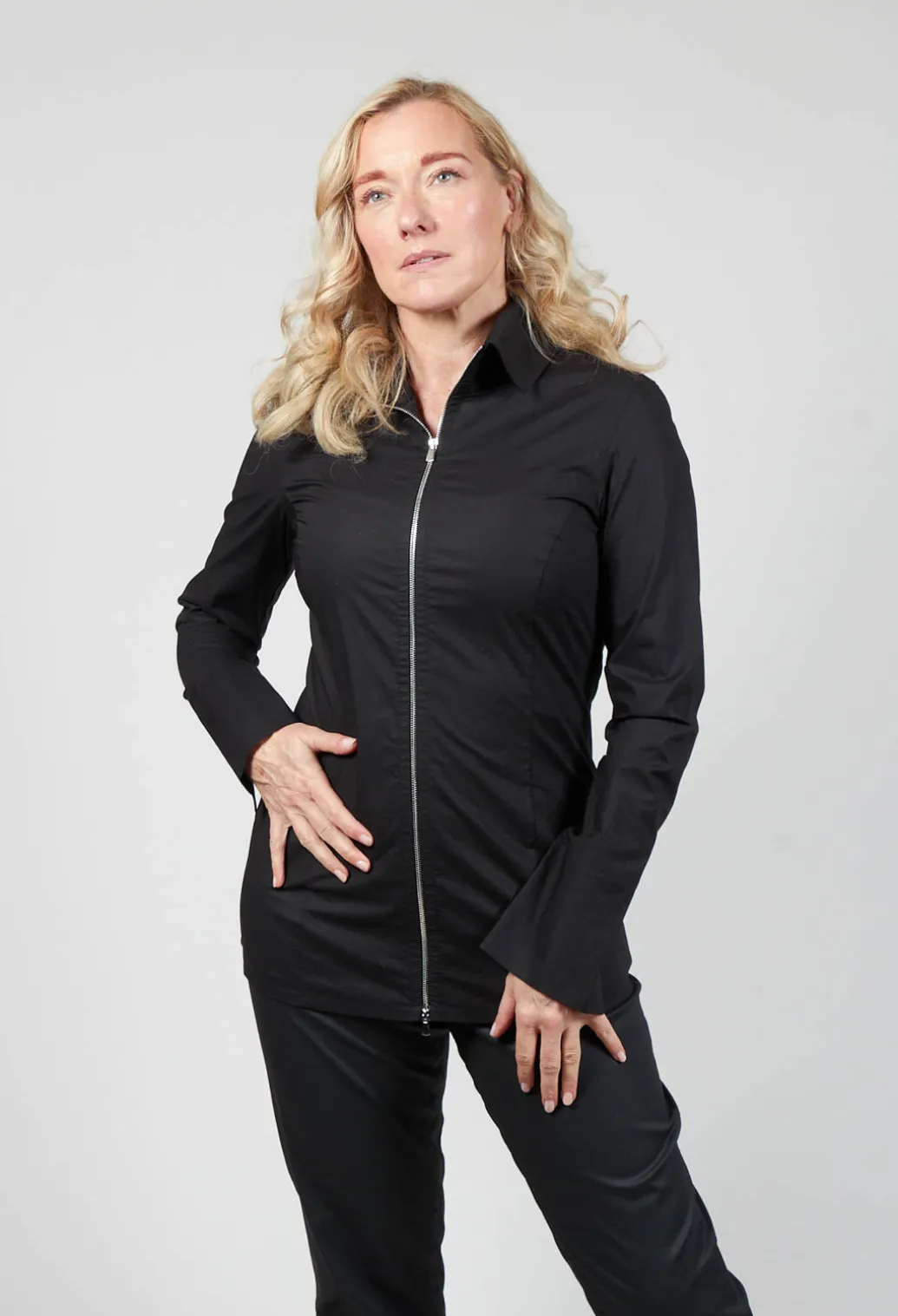 Long Sleeved Blouse with Zip Detail in Black