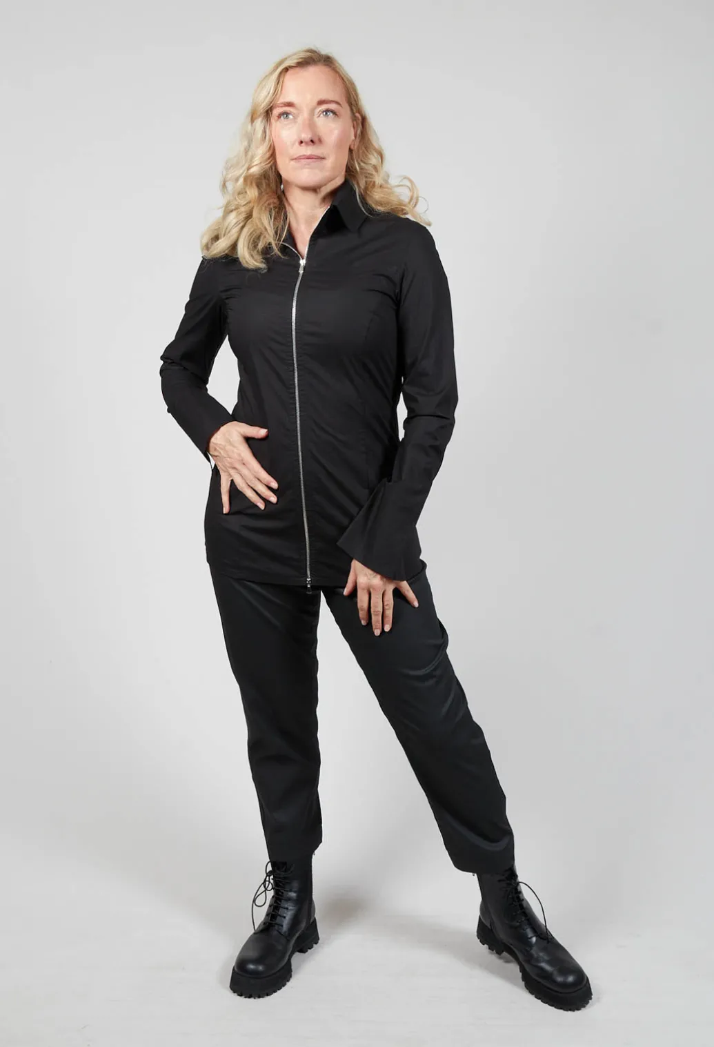 Long Sleeved Blouse with Zip Detail in Black