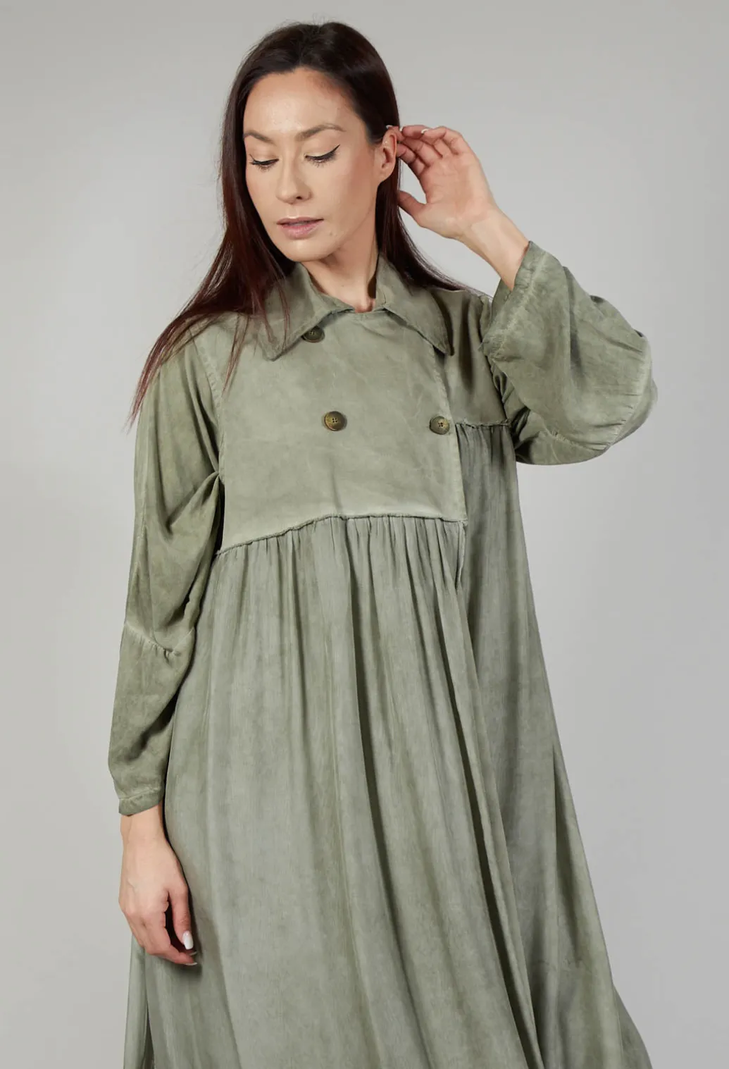 Long Sleeveless Coat in Contone and Viscosa Seta Olive