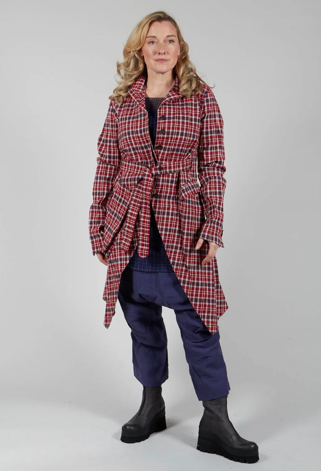 Longline Belted Coat in Fraise Check
