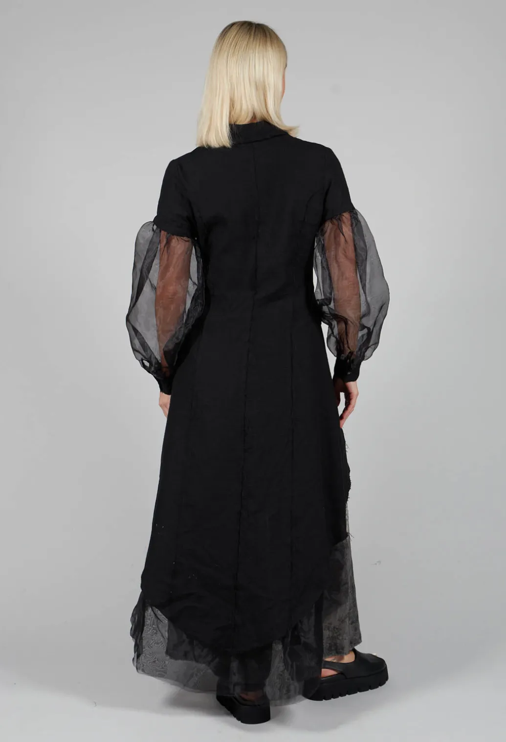 Longline Coat with Organza Sleeves in Nero