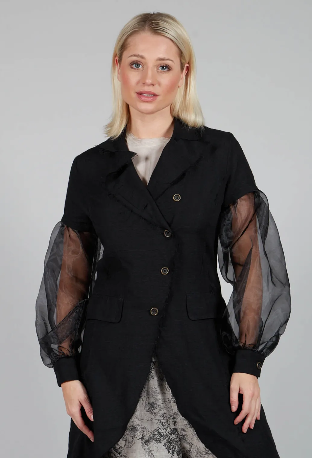 Longline Coat with Organza Sleeves in Nero
