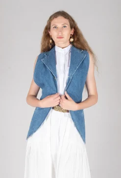 Longline Denim Waistcoat in Celeste